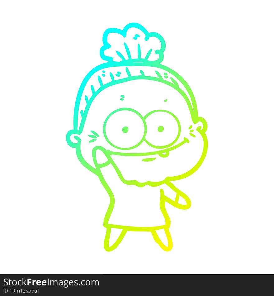 cold gradient line drawing cartoon happy old woman