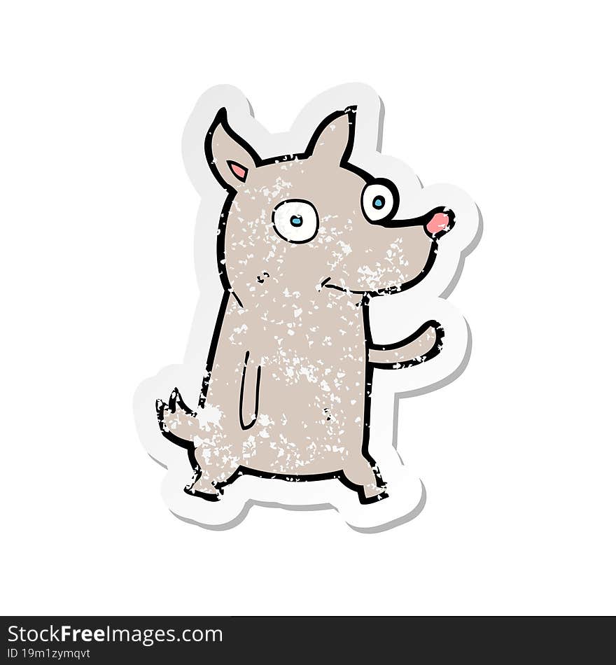 Retro Distressed Sticker Of A Cartoon Little Dog Waving