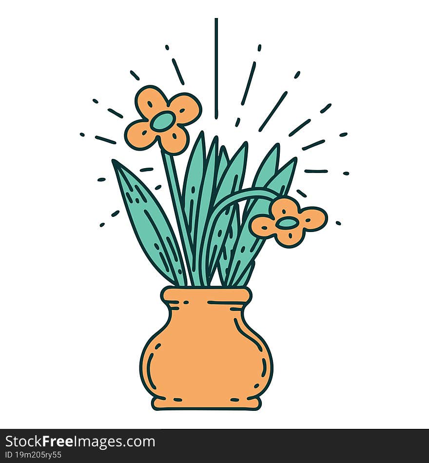 illustration of a traditional tattoo style flowers in vase