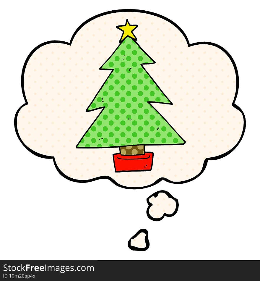 cartoon christmas tree with thought bubble in comic book style