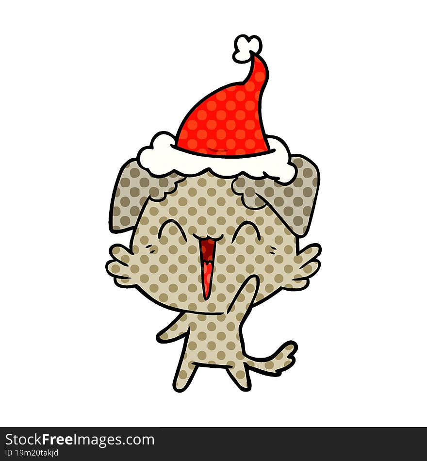 happy little dog comic book style illustration of a wearing santa hat