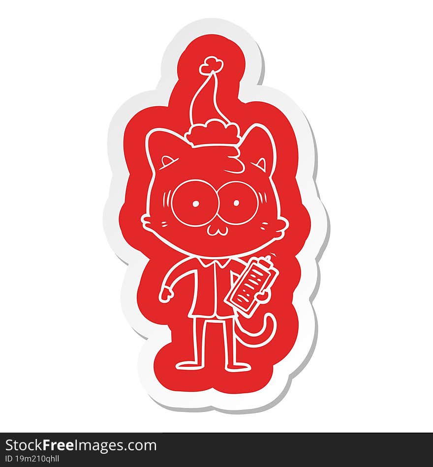 quirky cartoon  sticker of a surprised office worker cat wearing santa hat