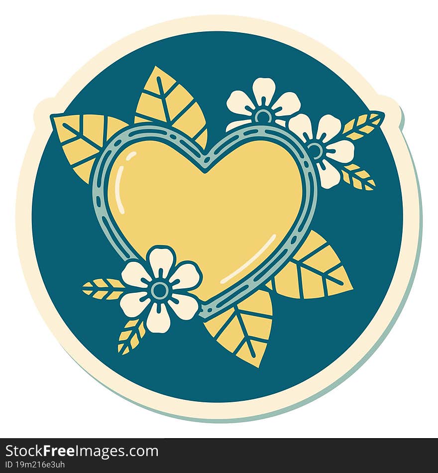 sticker of tattoo in traditional style of a botanical heart. sticker of tattoo in traditional style of a botanical heart