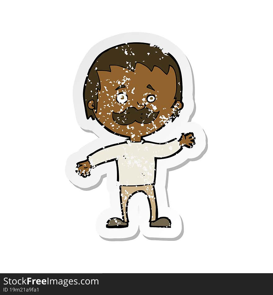 retro distressed sticker of a cartoon man with mustache waving