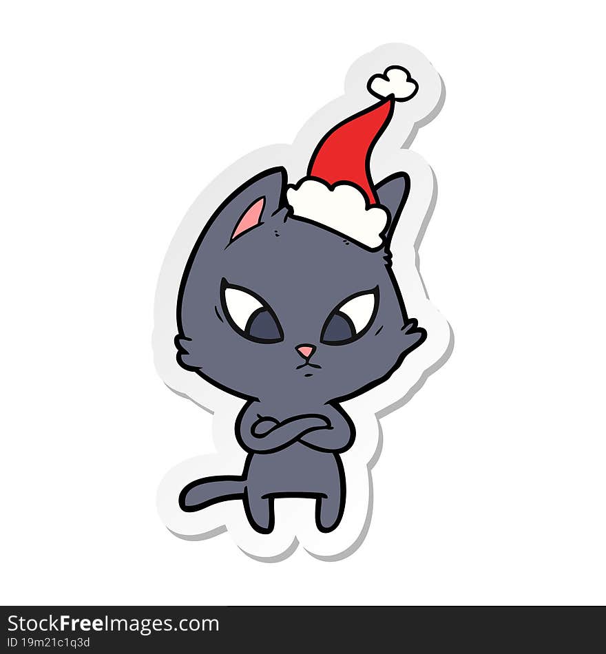 confused sticker cartoon of a cat wearing santa hat