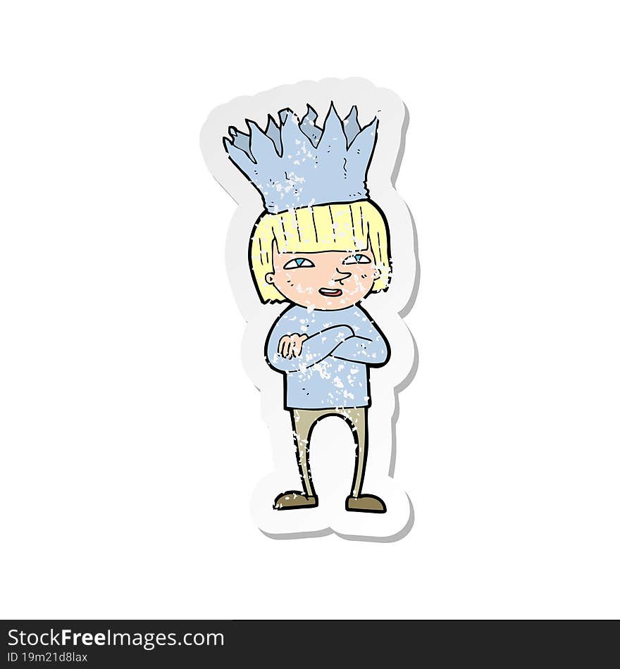 retro distressed sticker of a cartoon person wearing paper crown