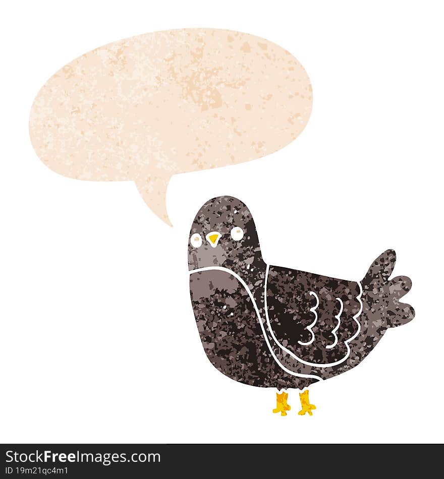 cartoon bird and speech bubble in retro textured style