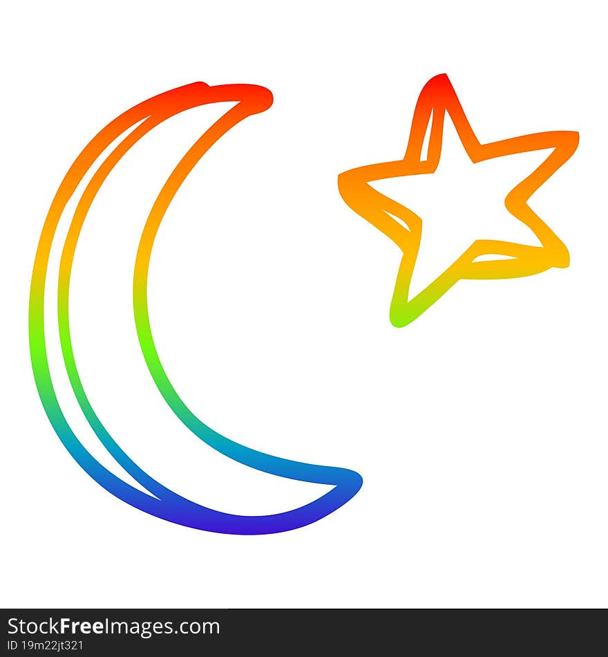 rainbow gradient line drawing cartoon moon and star shape