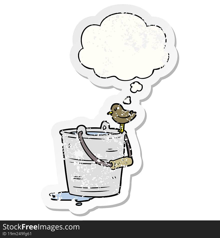 cartoon bucket of water and thought bubble as a distressed worn sticker