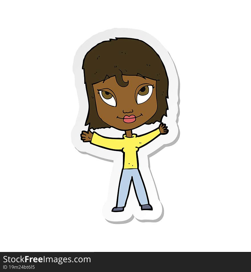 sticker of a cartoon happy woman waving arms