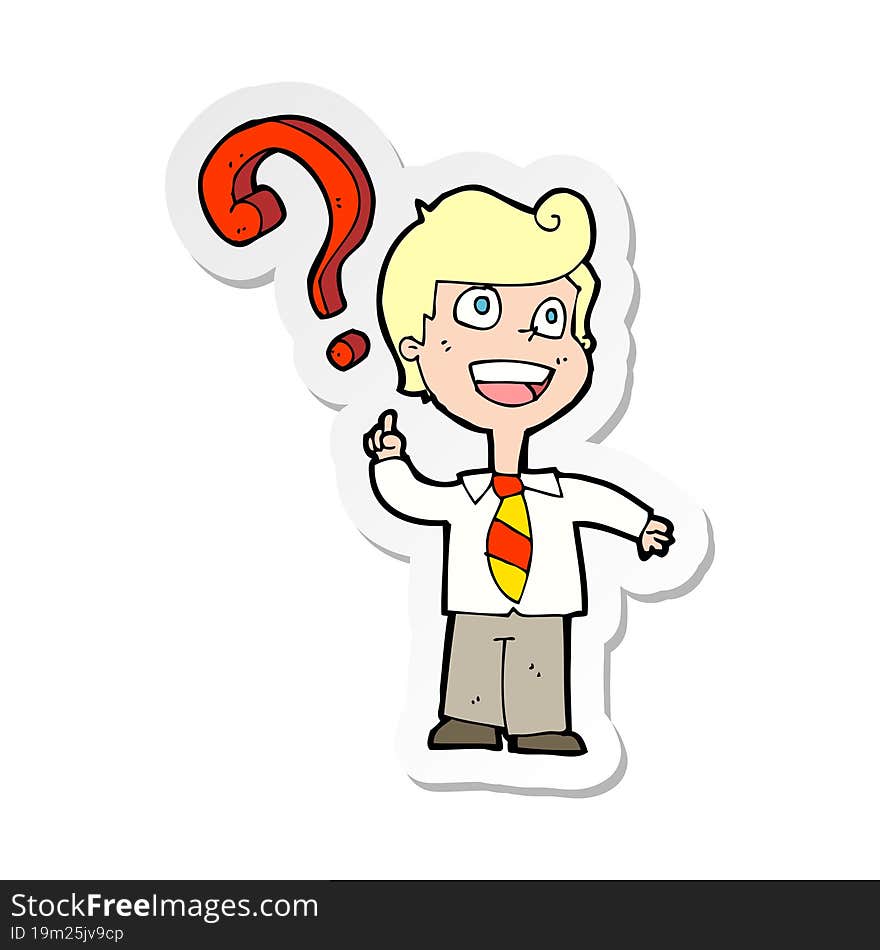 sticker of a cartoon school boy asking question