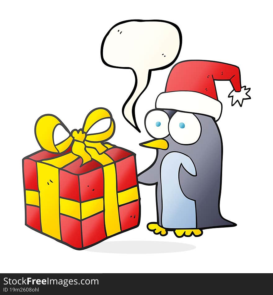 freehand drawn speech bubble cartoon christmas penguin with present