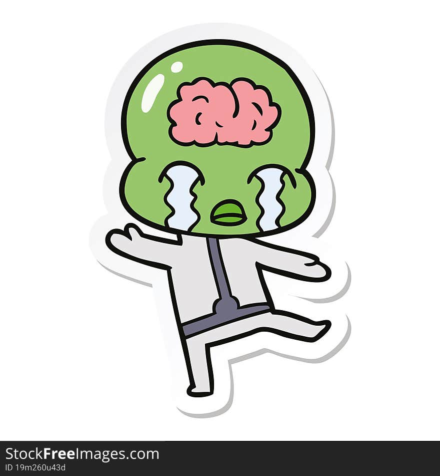 sticker of a cartoon big brain alien crying