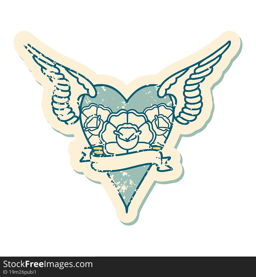 Distressed Sticker Tattoo Style Icon Of A Flying Heart With Flowers And Banner