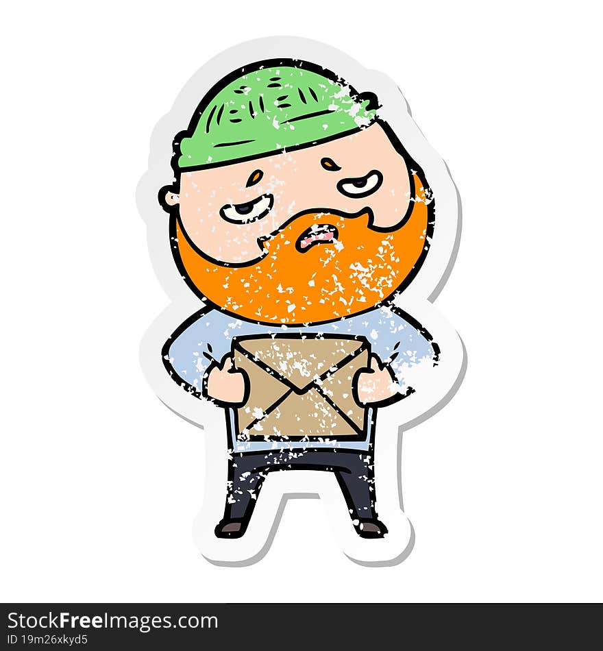 distressed sticker of a cartoon worried man with beard