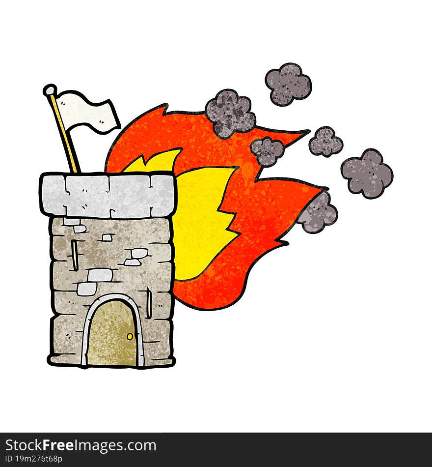 freehand textured cartoon burning castle tower