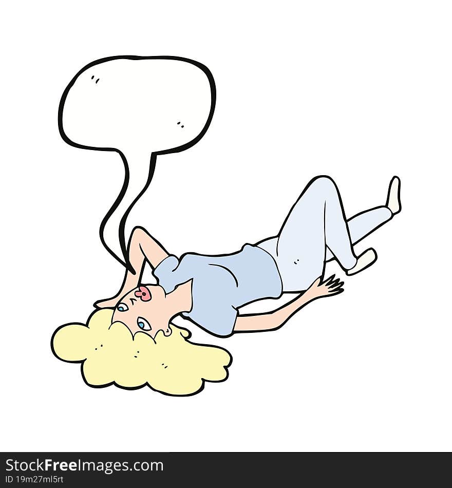 cartoon woman lying on floor with speech bubble