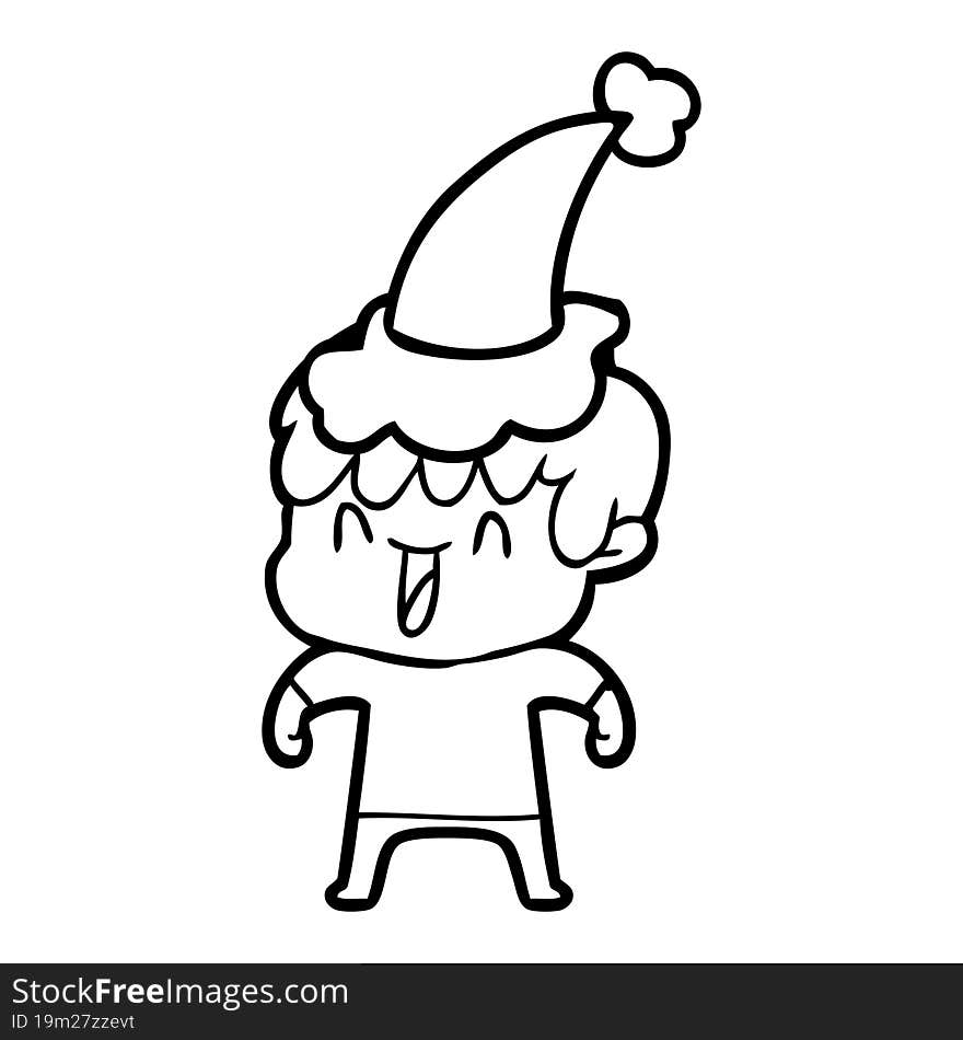 hand drawn line drawing of a laughing boy wearing santa hat