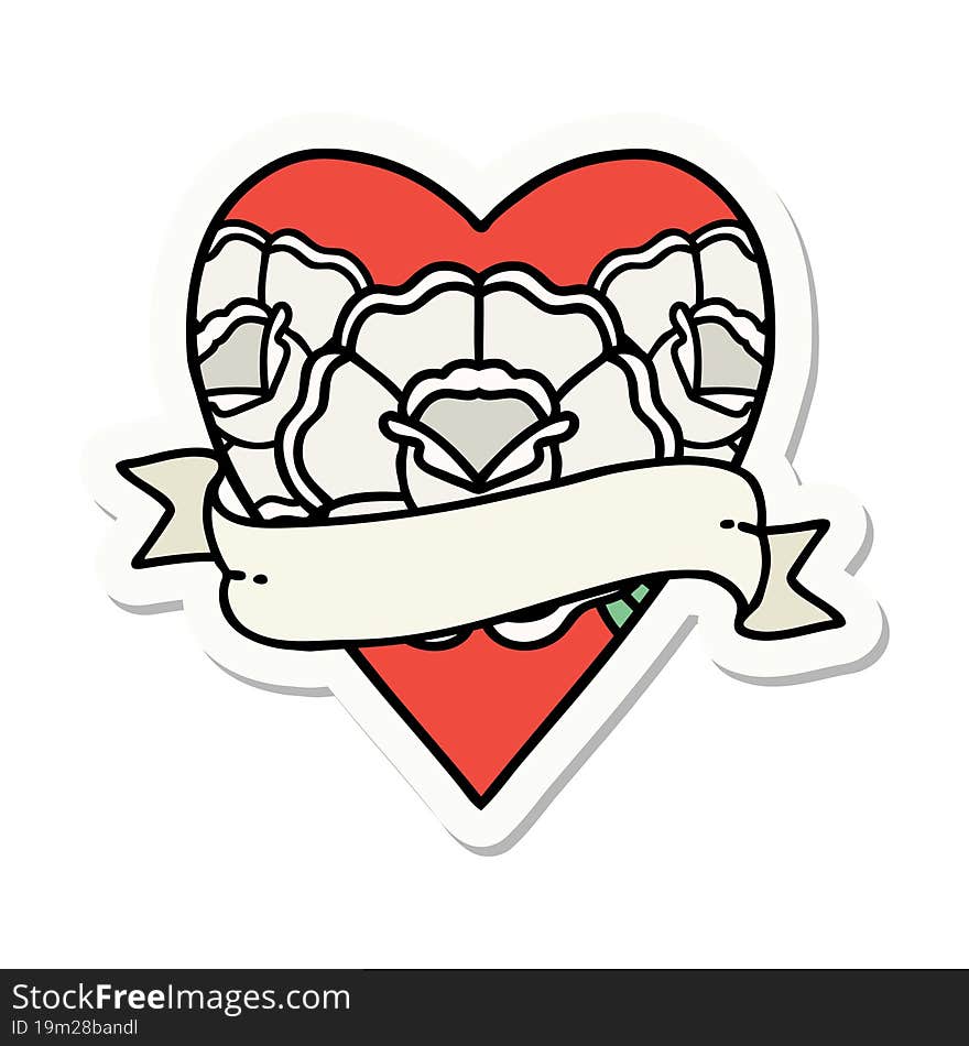 tattoo style sticker of a heart and banner with flowers