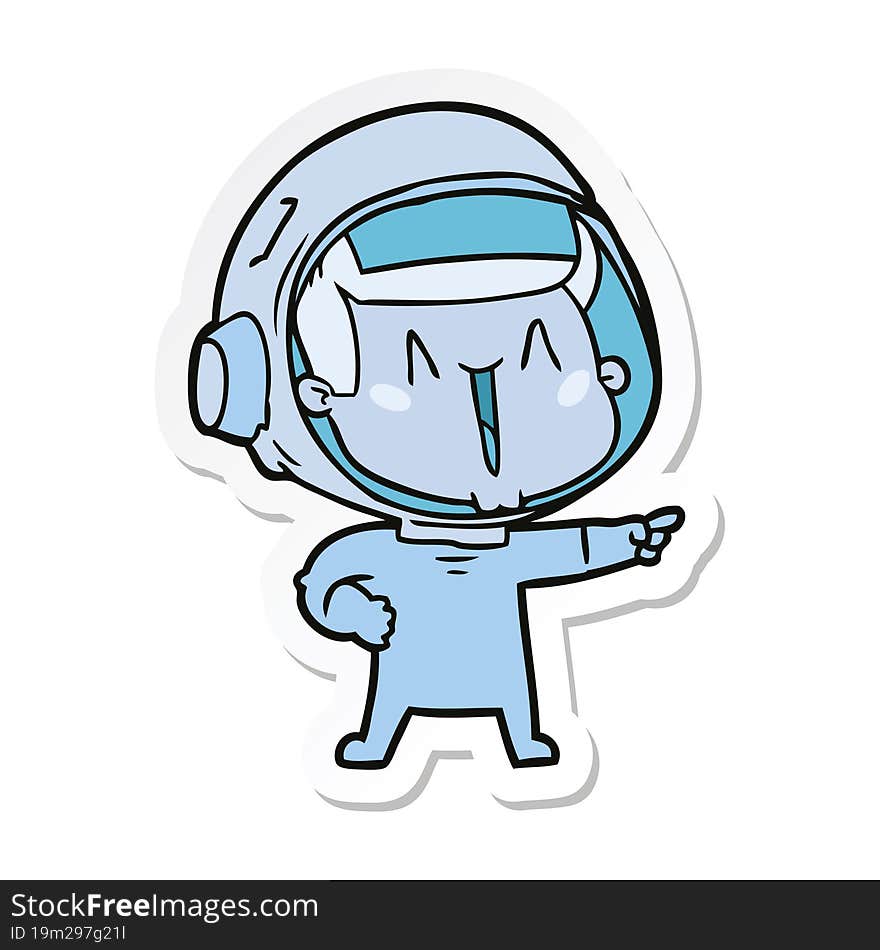 sticker of a happy cartoon astronaut pointing