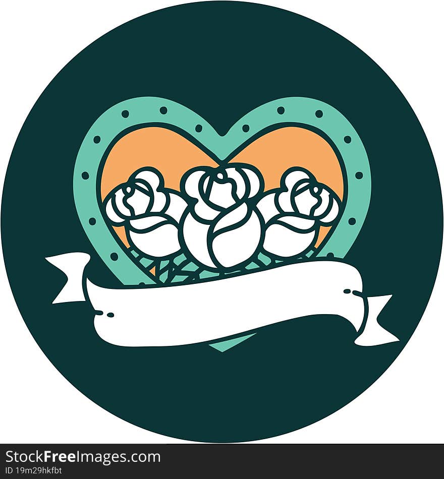 iconic tattoo style image of a heart and banner with flowers. iconic tattoo style image of a heart and banner with flowers