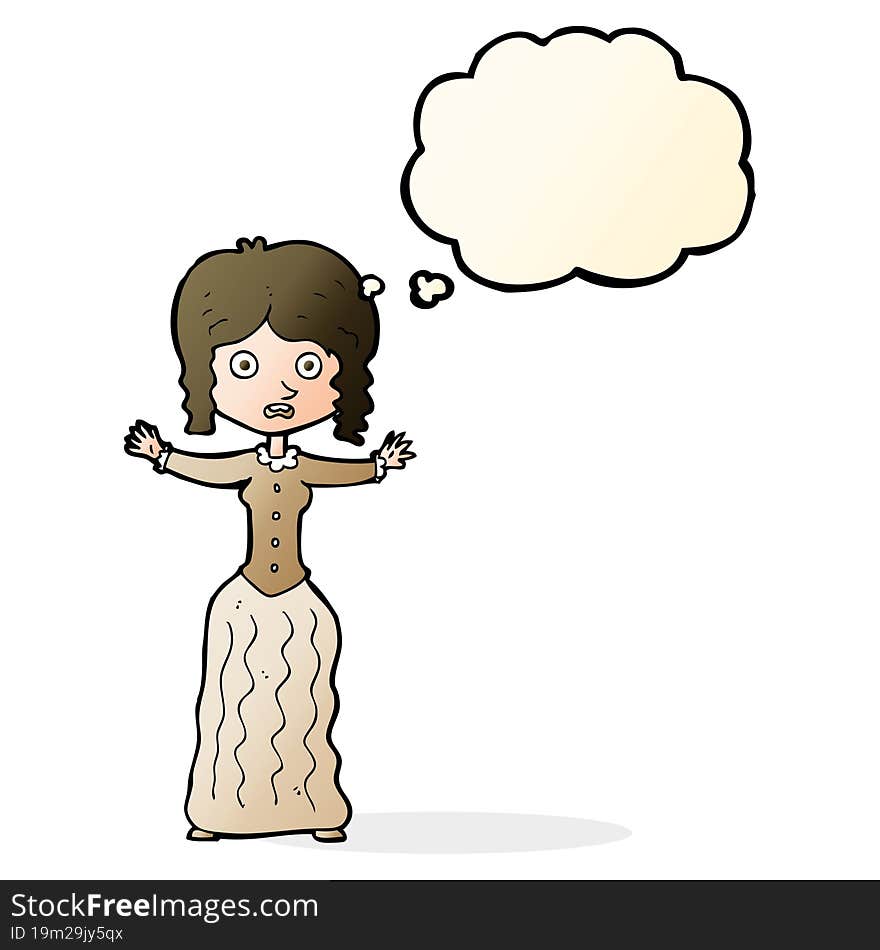 cartoon worried victorian woman with thought bubble