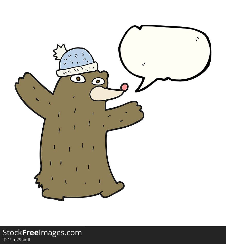 freehand drawn speech bubble cartoon bear wearing hat