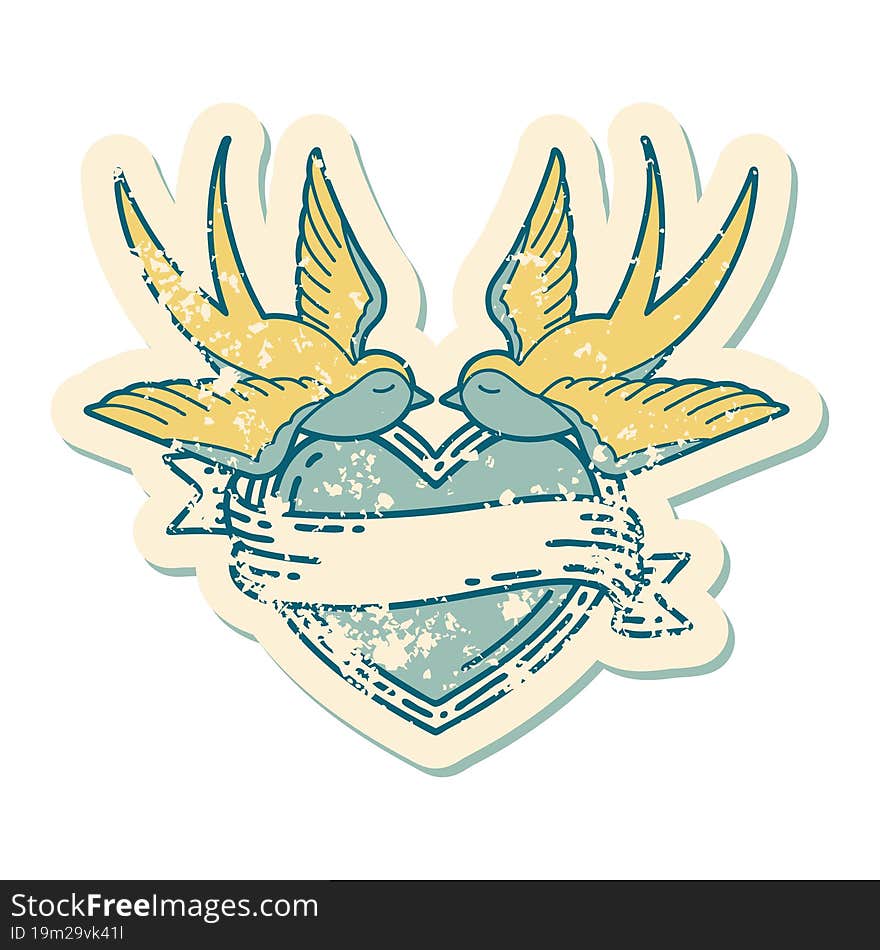 distressed sticker tattoo style icon of a swallows and a heart with banner