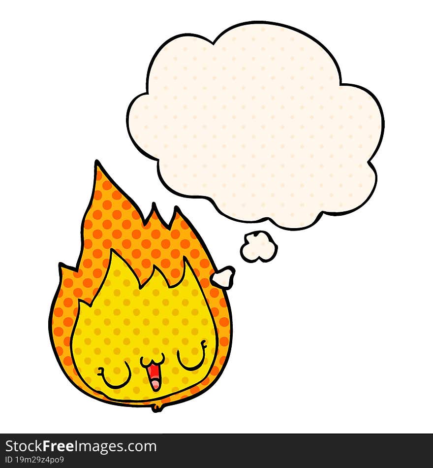 cartoon flame with face with thought bubble in comic book style