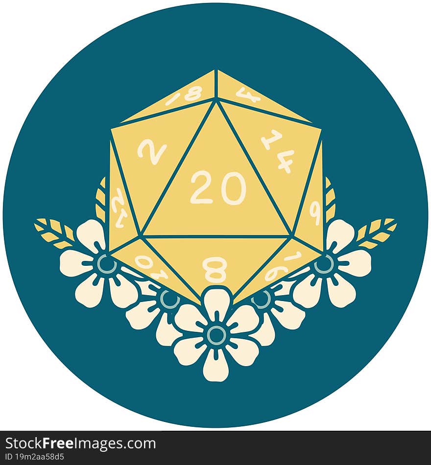 Natural 20 D20 Dice Roll With Floral Elements Illustration