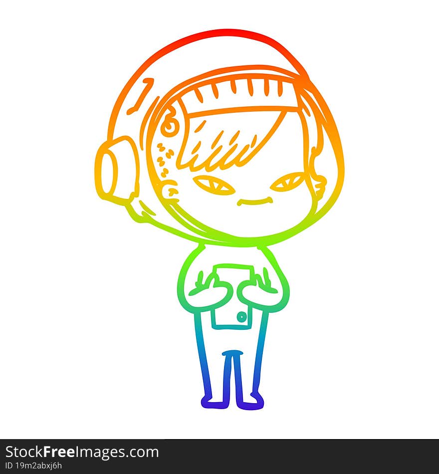 rainbow gradient line drawing of a cartoon astronaut woman