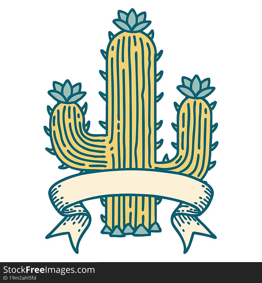 Tattoo With Banner Of A Cactus