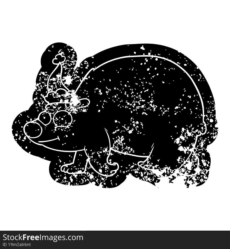 cartoon distressed icon of a walking polar bear wearing santa hat