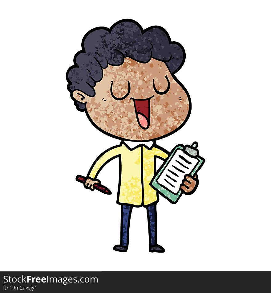 laughing cartoon man with clipboard and pen. laughing cartoon man with clipboard and pen