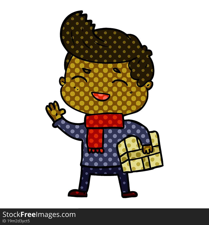 cartoon man laughing carrying parcel. cartoon man laughing carrying parcel