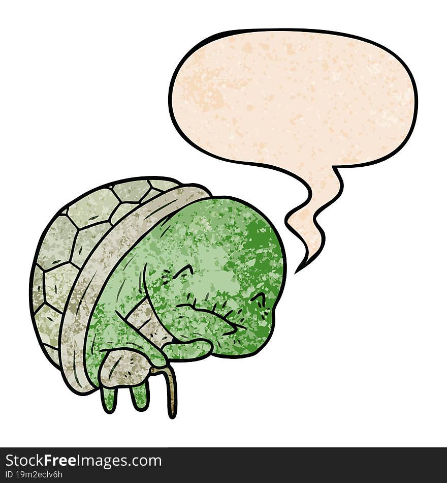 cute cartoon old turtle and walking stick and speech bubble in retro texture style