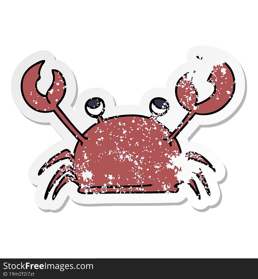 distressed sticker of a quirky hand drawn cartoon happy crab