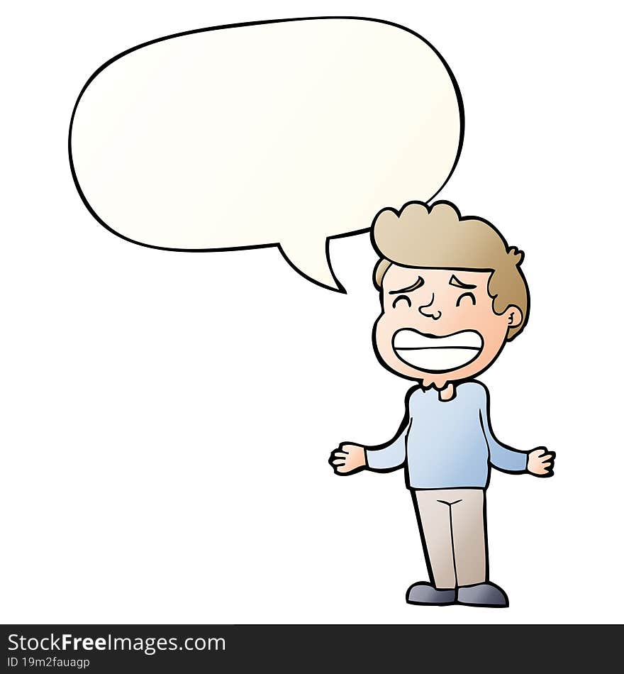 cartoon boy shrugging and speech bubble in smooth gradient style