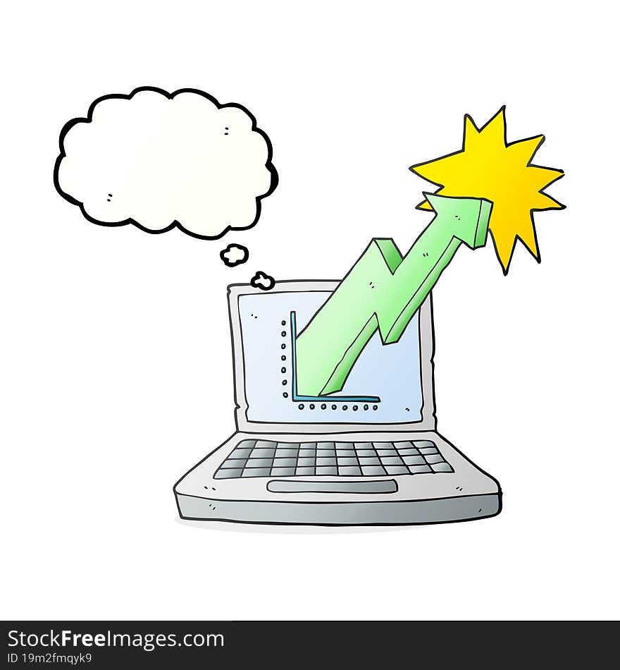 freehand drawn thought bubble cartoon laptop computer with business graph