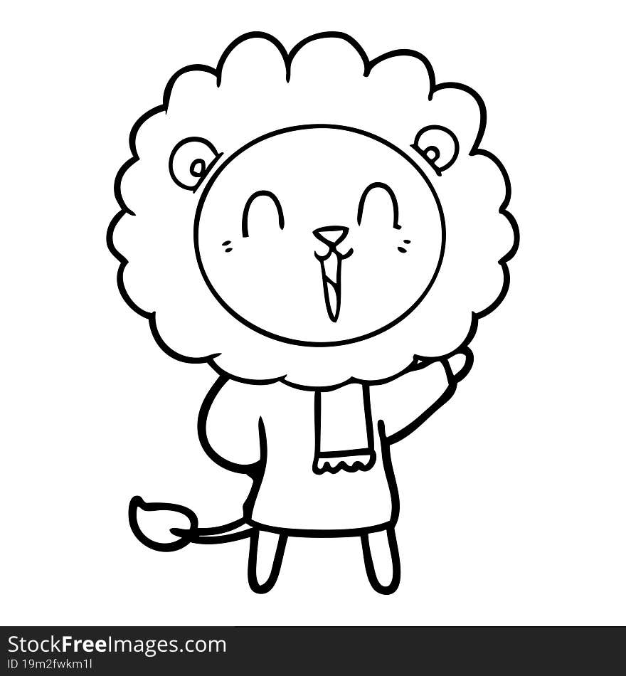 laughing lion cartoon in winter clothes. laughing lion cartoon in winter clothes