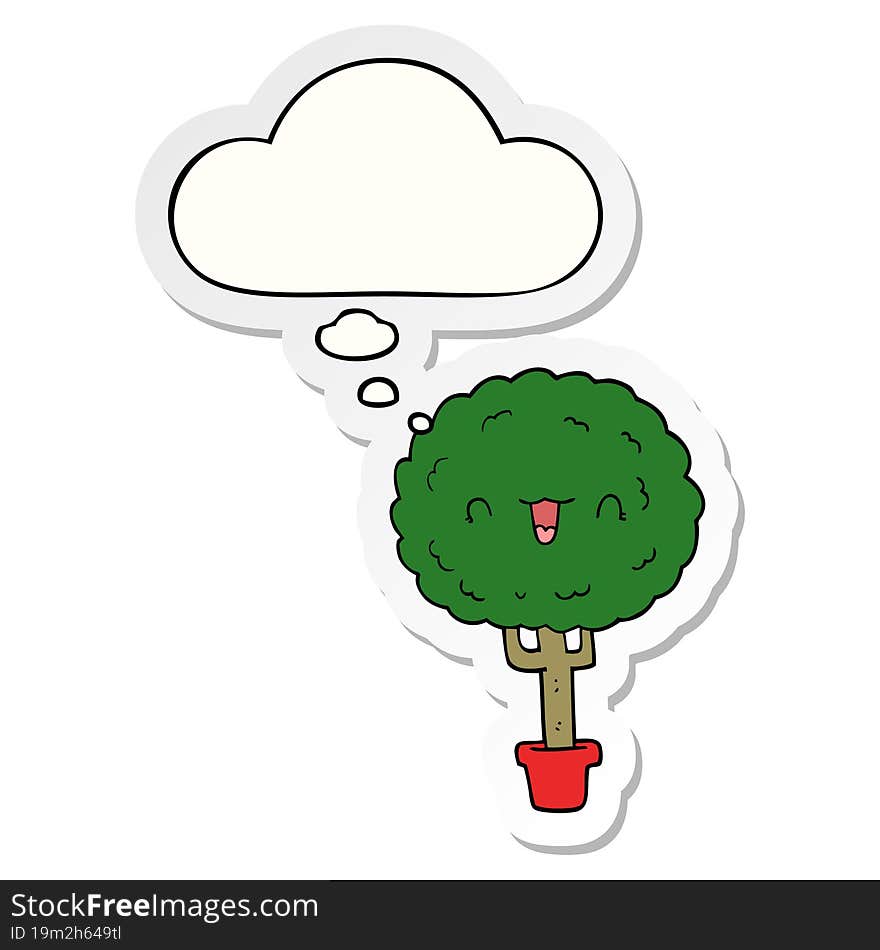 cartoon happy tree and thought bubble as a printed sticker