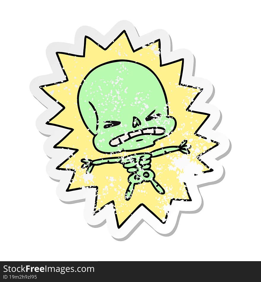 Distressed Sticker Cartoon Of A Scary Skeleton