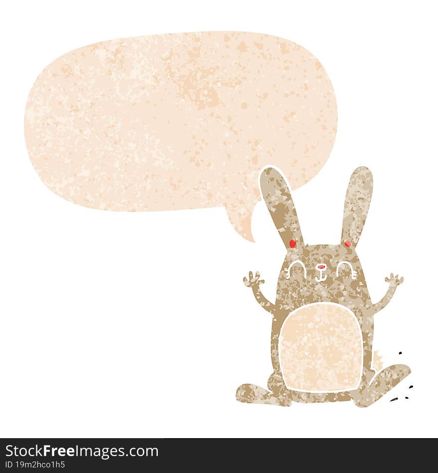 cartoon rabbit with speech bubble in grunge distressed retro textured style. cartoon rabbit with speech bubble in grunge distressed retro textured style