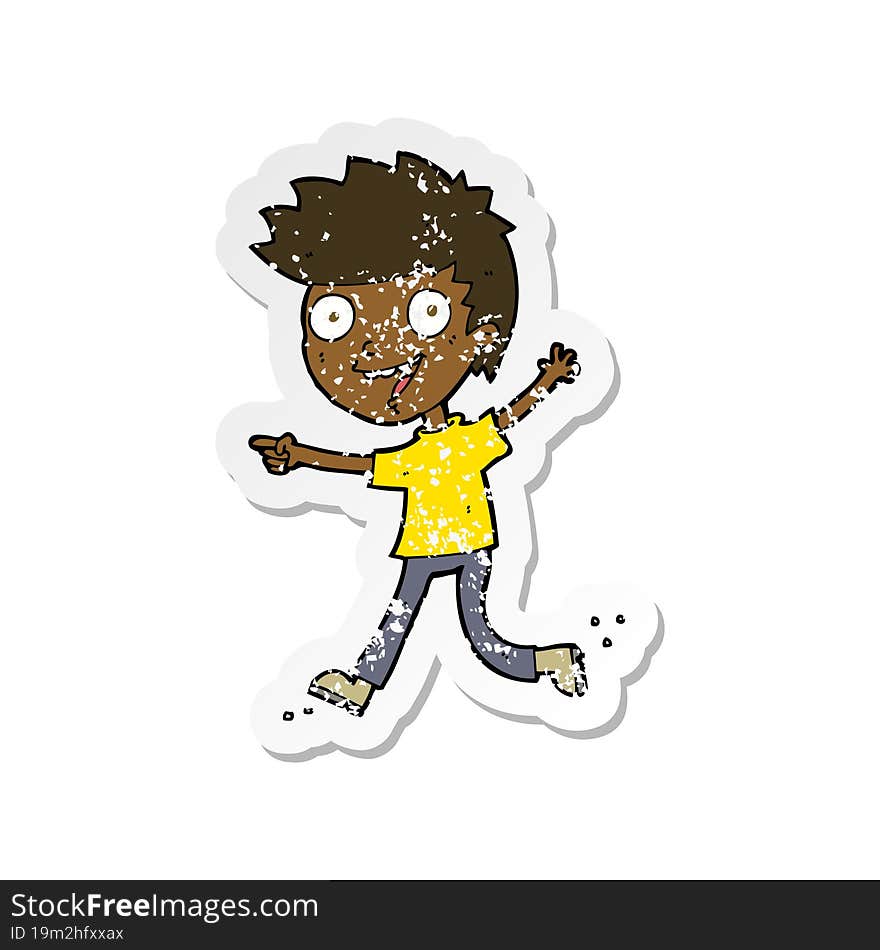 retro distressed sticker of a cartoon crazy excited boy