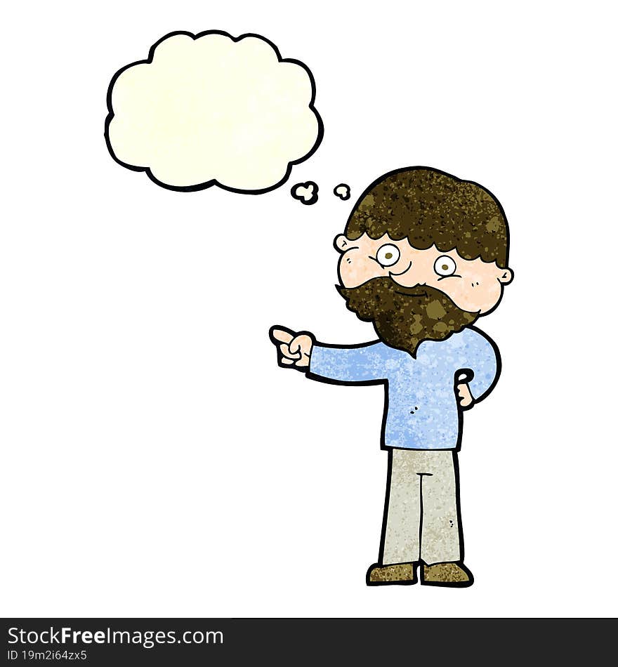 cartoon bearded man pointing with thought bubble