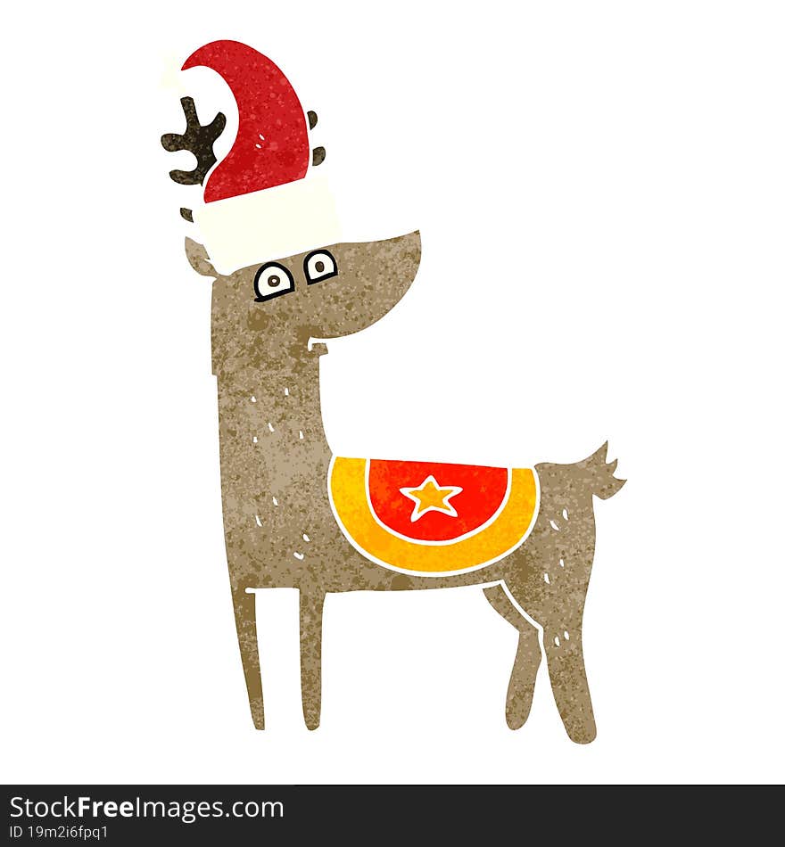 freehand retro cartoon reindeer wearing christmas hat