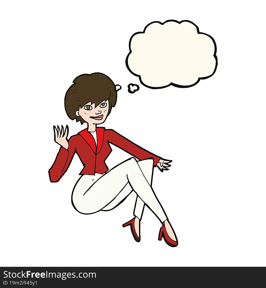 cartoon businesswoman sitting with thought bubble