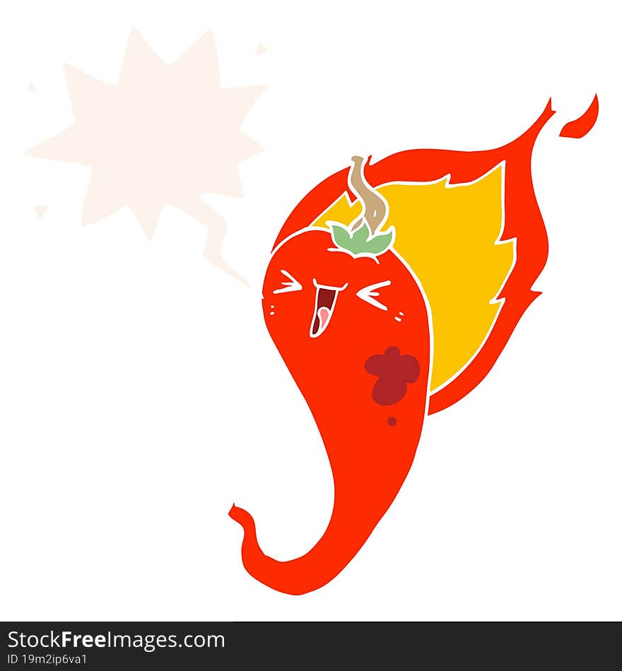 cartoon flaming hot chili pepper and speech bubble in retro style