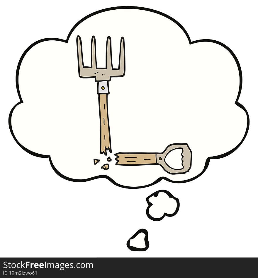 cartoon broken pitchfork with thought bubble. cartoon broken pitchfork with thought bubble