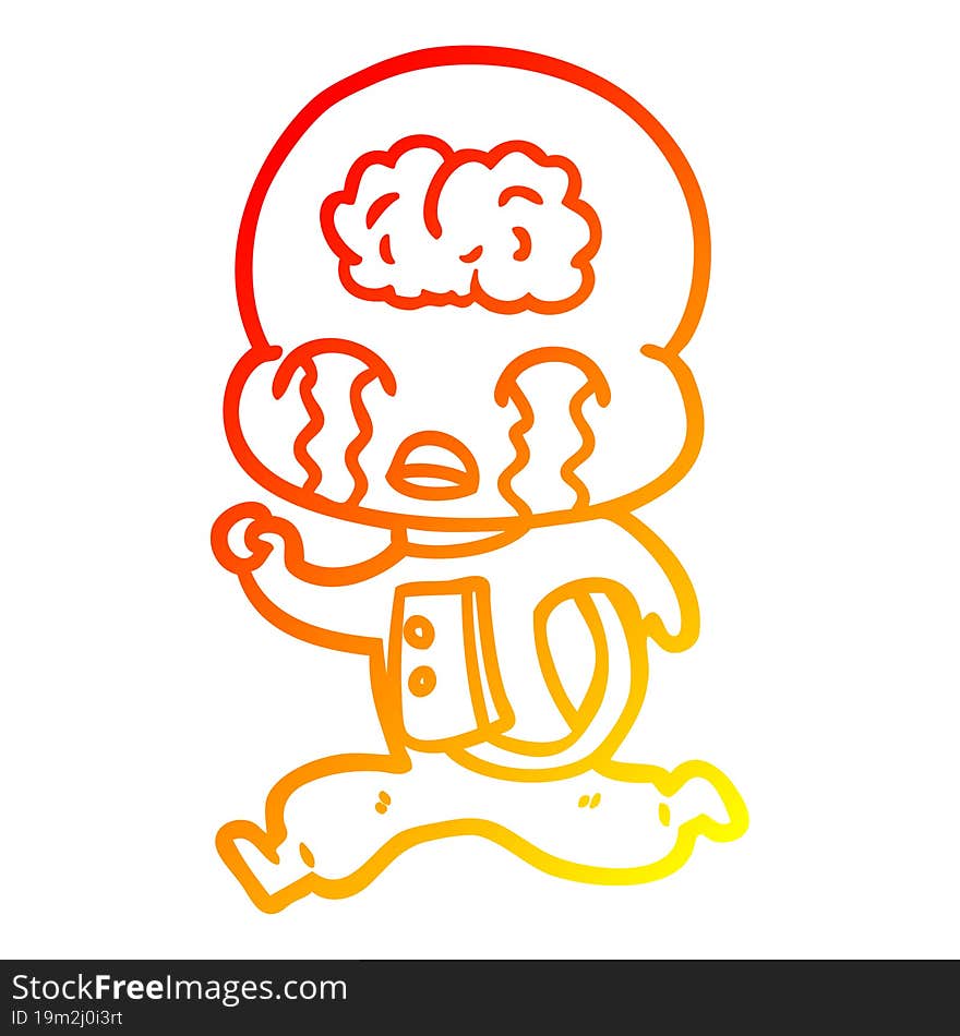 warm gradient line drawing cartoon big brain alien crying running